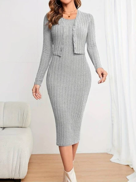 Kadın Uzun Kollu şardonlu Kaşkorseönü Düğmeli Mini Boy Elbise Ikili Takım - Resim 3