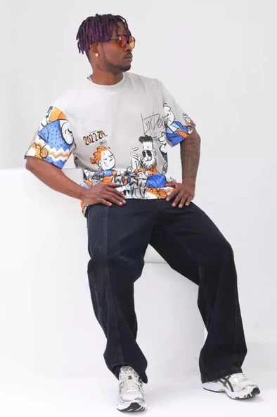 Unisex Oversize Baskılı Bisiklet Yaka T-Shirt - Gri - Resim 3