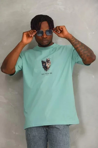 Unisex Oversize Baskılı Bisiklet Yaka T-Shirt - Mint Yeşili - Resim 3