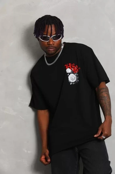 Unisex Oversize Baskılı Bisiklet Yaka T-Shirt - Siyah - Resim 3