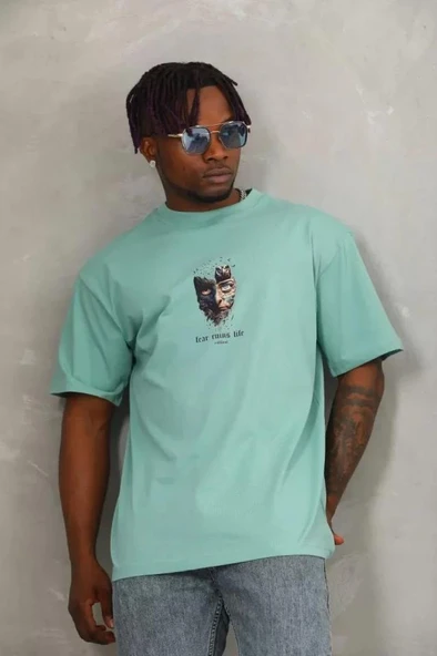 Unisex Oversize Baskılı Bisiklet Yaka T-Shirt - Mint Yeşili ürün görseli