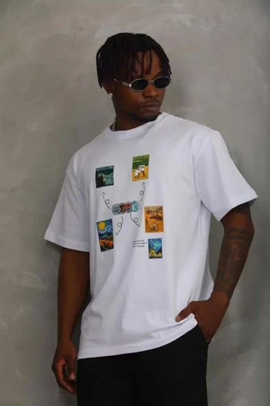 Unisex Oversize Baskılı Bisiklet Yaka T-Shirt - Beyaz ürün görseli