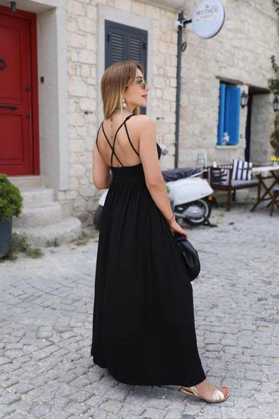 Kadın Sırttan çapraz Bağcıklı Yırtmaçlı Cepli Viskon Elbise - Resim 4