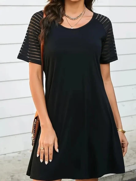 Kadın Kısa Kollu Yuvarlak Yaka şerit Kol Detaylı Viskon Elbise - Resim 4