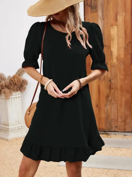 Kadın Kısa Kollu Kol Ve Eteği Volanlı Bisiklet Yaka Aerobin Elbise ürün görseli