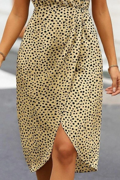 Kadın Sıfır Kol Kruvaze Yaka önden çapraz Kesim Detaylı Desenli Oysho Süprem Elbise - Resim 3