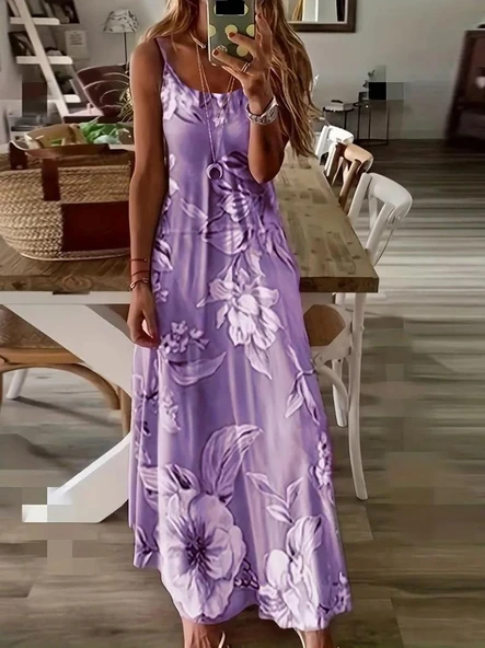 Kadın Askılı Yuvarlak Yaka Etek Geniş Kesim Desenli Süprem Elbise - Resim 3