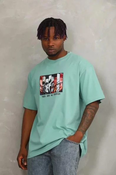 Unisex Oversize Baskılı Bisiklet Yaka T-Shirt - Mint Yeşili ürün görseli