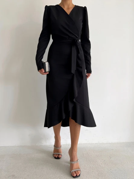 Krep Kumaş Midi Boy Kuşaklı Uzunkol Elbise 113 Cm - Resim 11