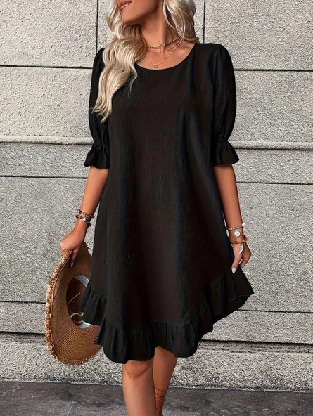 Kadın Kısa Kollu Kol Ve Eteği Volanlı Bisiklet Yaka Aerobin Elbise - Resim 6