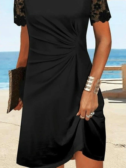 Kadın Kısa Kollu Yuvarlak Yaka Dantel Kol Detay Viskon Elbise - Resim 2