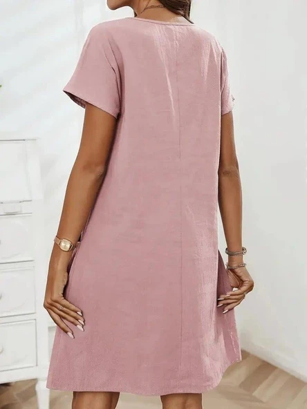 Kadın Kısa Kollu Yakası Açık Fermuarlı Cep Detaylı Ithal Keten Elbise - Resim 3