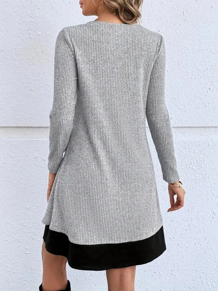 Kadın Uzun Kollu önü Tokalı şardonlu Kaşkorse Iç Kısmı Viskon Midi Elbise Ikili Takım - Resim 4