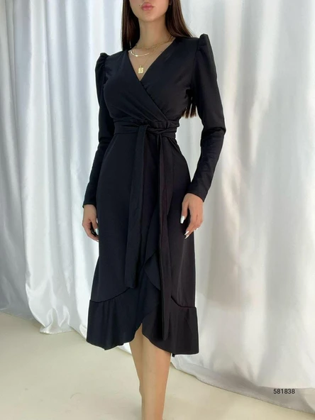 Krep Kumaş Midi Boy Kuşaklı Uzunkol Elbise 113 Cm - Resim 7