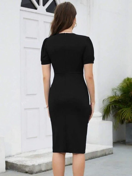 Kadın Kısa Kollu V Yakalı önden Fırfırlı Ithal Krep Elbise - Resim 5