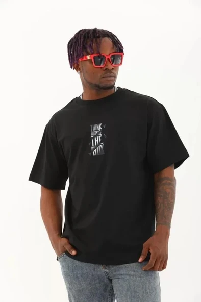 Unisex Oversize Baskılı Bisiklet Yaka T-Shirt - Siyah ürün görseli