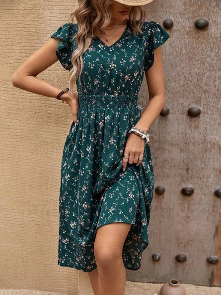 Kadın Kısa Kollu V Yakalı Beli Lastikli çiçek Desenli Süprem Elbise - Resim 5