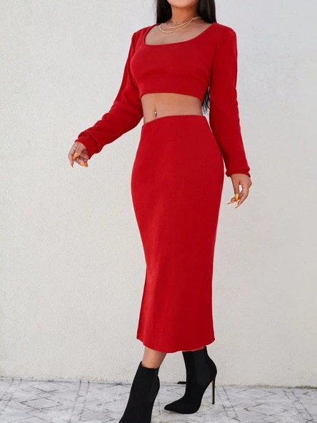 Kadın Kırmızı Kaşkorse Kumaş İkili Takım - Resim 2