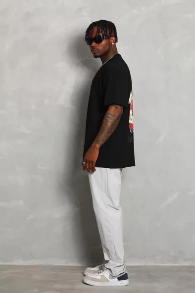 Unisex Oversize Baskılı Bisiklet Yaka T-Shirt - Siyah - Resim 4