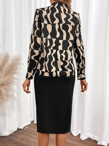 Kadın Uzun Kollu V Hakim Yakalı Desenli Dalgıç Bluz Ve önden Büzgülü Krep Ikili Takım - Resim 6