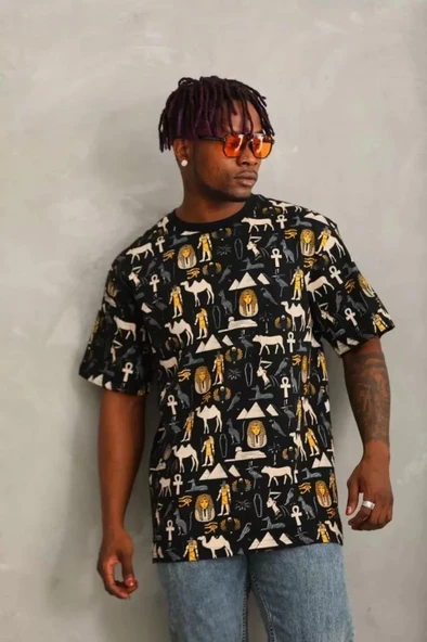 Unisex Oversize Baskılı Bisiklet Yaka T-Shirt - Siyah ürün görseli