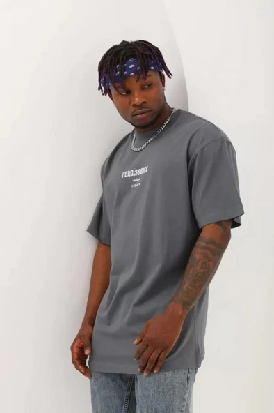 Unisex Oversize Baskılı Bisiklet Yaka T-Shirt - Füme - Resim 2