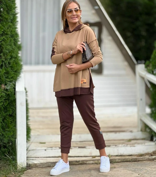 Kadın Kahve Kapşonlu Etek Ucu Detay Arma Ters Dikiş Gorunumlu Ikili Takım ürün görseli