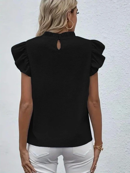 Kadın Kısa Kollu Fırfır Yakalı Bürümcük Bluz - Resim 4