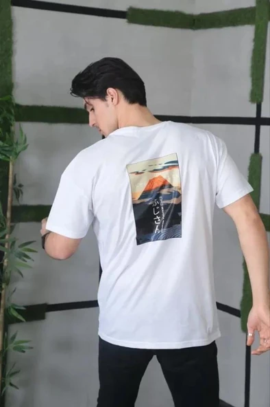 Unisex Bisiklet Yaka Baskılı Oversize T-Shirt - Beyaz - Resim 3