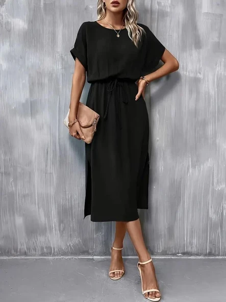 Kadın Kısa Kollu Yakası Açık Belden Bağlamalı Yırtmaçlı Viskon Elbise - Resim 2