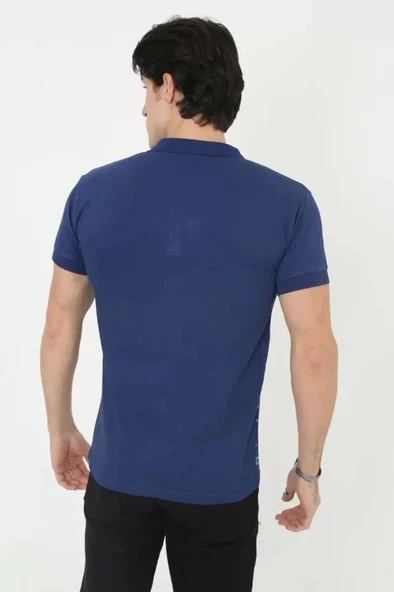Erkek Yakalı Slim Fit Pike Çizgili T-Shirt - Mavi - Resim 2
