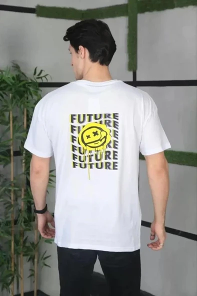 Unisex Bisiklet Yaka Baskılı Oversize T-Shirt - Beyaz - Resim 4