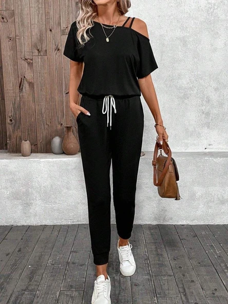 Kadın Tek Omuzdan Açık Viskon Iki Iplik Bluz Bağcıklı Pantolon Ikili Takım ürün görseli