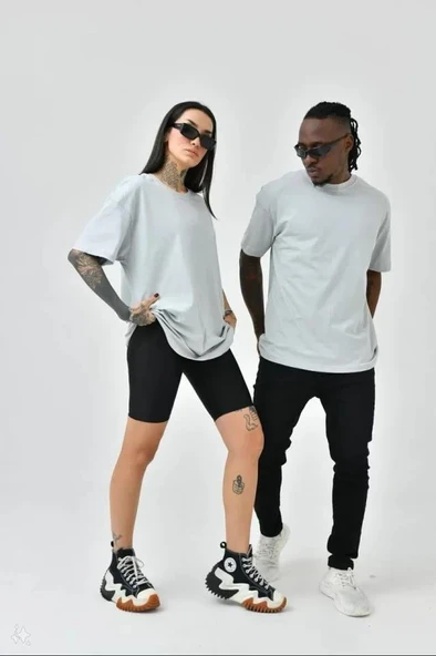 Unisex Basic Bisiklet Yaka Oversize T-Shirt - Boyalı Gri ürün görseli