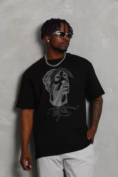 Unisex Oversize Taşlı Bisiklet Yaka T-Shirt - Siyah - Resim 4