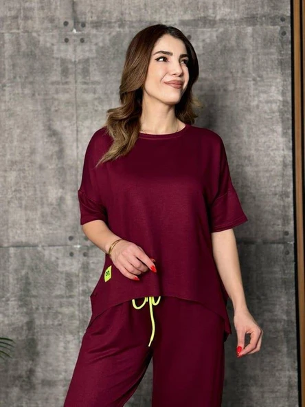 Kadın Kısa Kollu Bisiklet Yaka Viskon Iki Iplik Bluz Ve Pantolon Ikili Takım - Resim 4