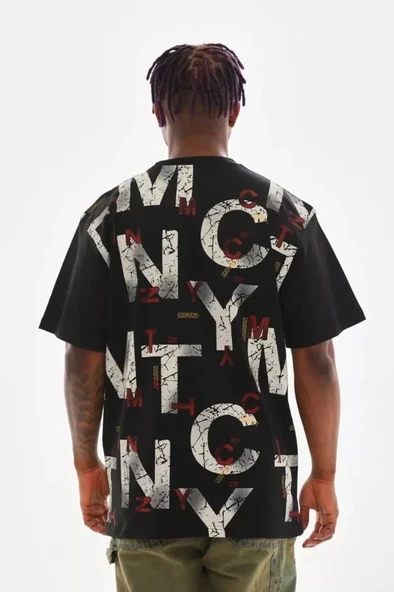 Unisex Baskılı Oversize T-Shirt - Siyah - Resim 2