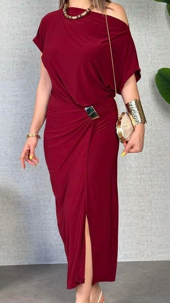 Kadın Kısa Kollu Tek Omuzdan Açık Beli Lastikli Sandy Maxi Elbise - Resim 2