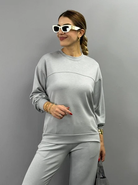 Kadın Uzun Kollu Bisiklet Yaka Viskon Iki Iplik Bluz Ve Pantolon Ikili Takım - Resim 2