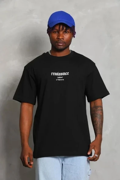 Unisex Oversize Baskılı Bisiklet Yaka T-Shirt - Siyah - Resim 2