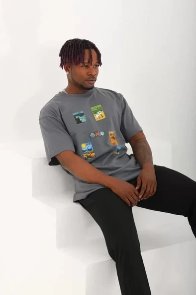 Unisex Oversize Baskılı Bisiklet Yaka T-Shirt - Füme - Resim 3