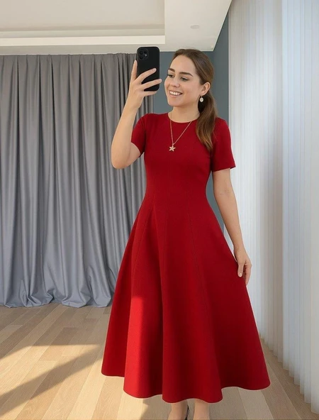 Kadın Kısa Kollu Bisiklet Yaka Maksi Boy Ithal Krep Elbise - Resim 3