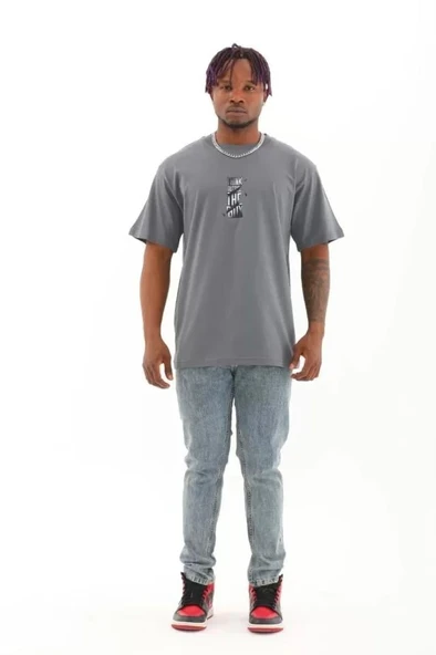 Unisex Oversize Baskılı Bisiklet Yaka T-Shirt - Füme - Resim 4