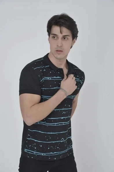 Erkek Yakalı Slim Fit Pike Çizgili T-Shirt - Siyah - Resim 2