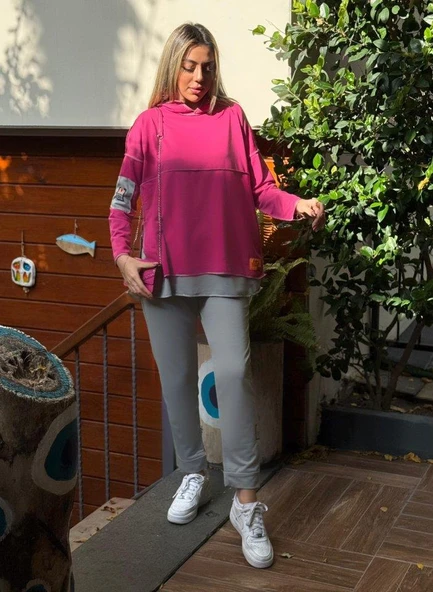 Kadın Pembe Kapşonlu Etek Ucu Detay Arma Ters Dikiş Gorunumlu Ikili Takım - Resim 4