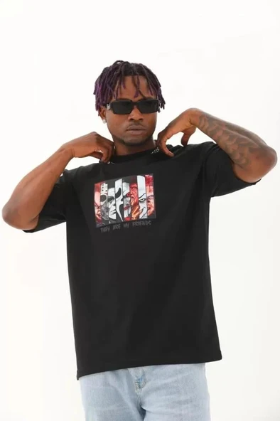 Unisex Oversize Baskılı Bisiklet Yaka T-Shirt - Siyah - Resim 2