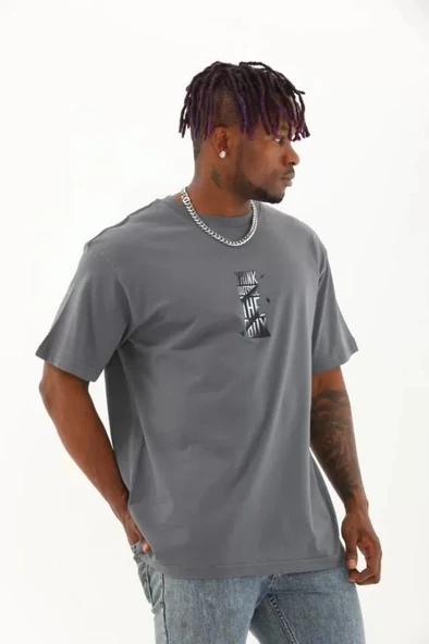 Unisex Oversize Baskılı Bisiklet Yaka T-Shirt - Füme - Resim 2