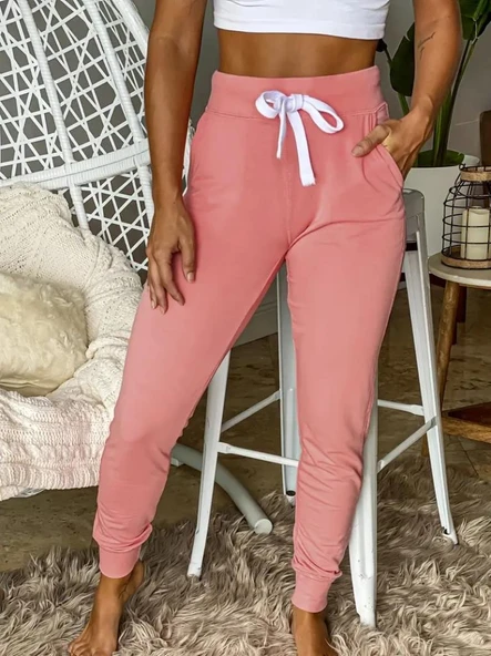 Kadın Kısa Kollu Madonna Yaka Viskon Crop Bluz Cepli Iki Iplik Eşofman Takım - Resim 3