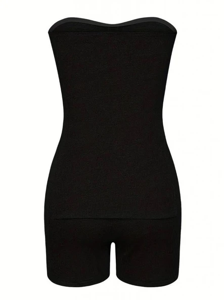 Kadın Iki Yanı Yırtmaçlı Straplez Bluzmini Tayt Kaşkorse Ikili Takım - Resim 4