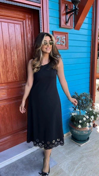 Kadın Kolsuz Etek Ucu Lazer Kesim çiçek Desenli Midi Boy Janjan Krep Elbise - Resim 2